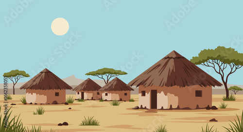 Traditional village life with thatched roof houses in a sunny desert landscape digital illustration. Vector illustration