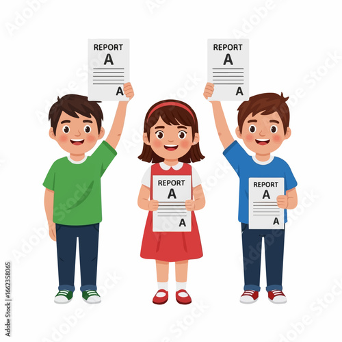 Three smiling children proudly display their excellent report cards, radiating joy and academic achievement against a white background.
