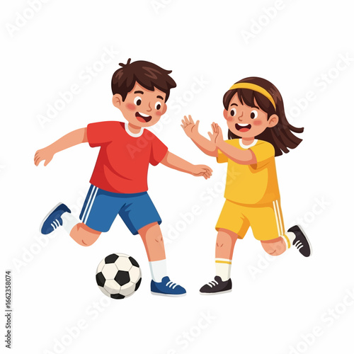 Two joyful children playfully compete, kicking a soccer ball with energetic enthusiasm against a clean white background.