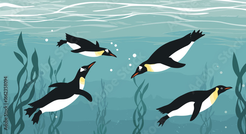 Penguins swimming together in underwater seascape ocean depths illustration serene environment aerial perspective. Vector illustration