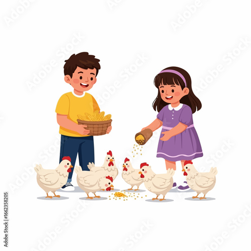 Two smiling children joyfully feed corn and grain to a flock of white chickens on a bright, cheerful day.