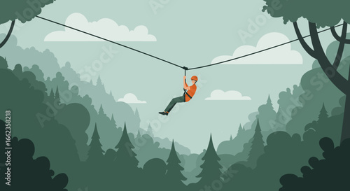 Adventurous ziplining experience in lush green forest outdoor activity aerial view thrilling journey. Vector illustration