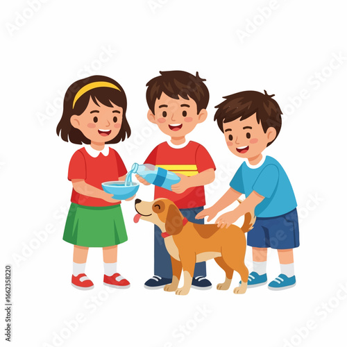 Three happy children lovingly give water to their thirsty dog, showcasing kindness and care in a cheerful cartoon illustration.