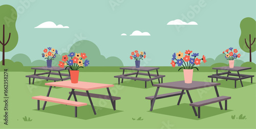 Outdoor flower decoration event park illustration greenery eye-level spring vibes. Vector illustration