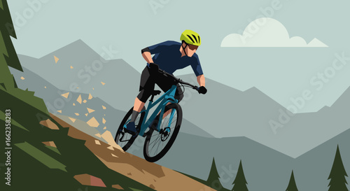 Mountain biking adventure mountain trail digital illustration outdoor aerial view action sports experience. Vector illustration