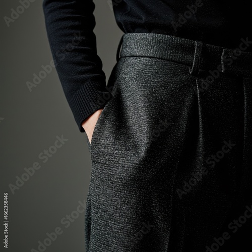 Close-up of a person wearing textured grey trousers with hand in pocket and black long sleeve top, showcasing fashionable casual menswear and stylish outfit details.