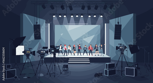 Live dance performance on stage with professional lighting and cameras indoor event artistic expression. Vector illustration