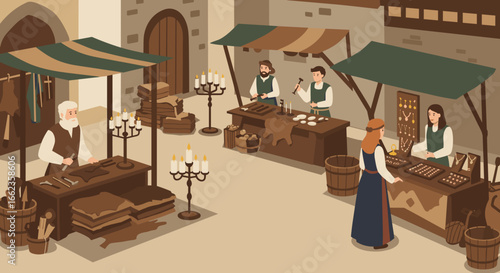 Marketplace activity medieval town illustration vibrant environment aerial view community interaction. Vector illustration