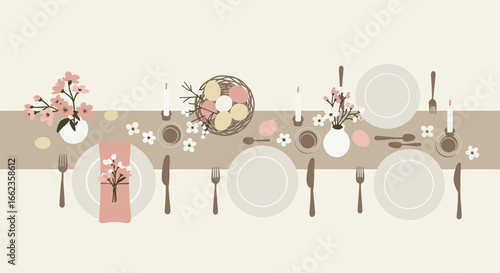 Elegant dinner table setup with floral decor cozy home digital art minimalist style top-down view dining concept. Vector illustration