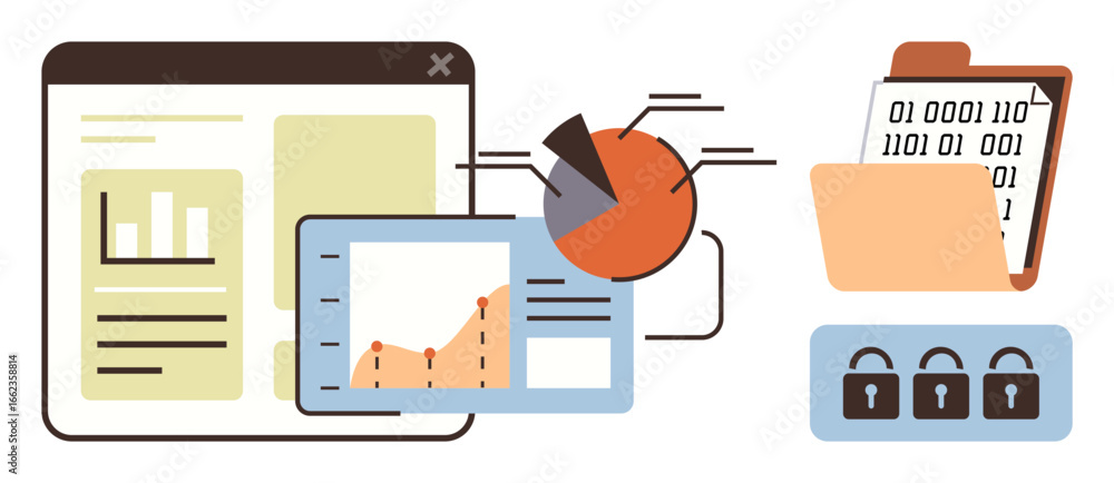 Fototapeta premium Dashboard with graphs and pie charts, open digital folder with binary code, three padlocks. Ideal for analytics, cybersecurity, data management, technology, privacy, information security business