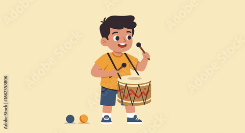 Child playing drum with colorful balls indoor illustration fun environment joyful viewpoint. Vector illustration