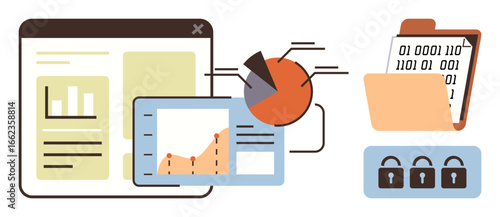 Dashboard with graphs and pie charts, open digital folder with binary code, three padlocks. Ideal for analytics, cybersecurity, data management, technology, privacy, information security business