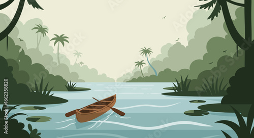 Paddling adventure on a serene river tropical jungle digital illustration calm environment aerial view nature escape. Vector illustration