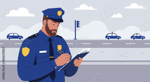 Traffic enforcement action by police officer urban intersection illustration daytime side view law enforcement concept. Vector illustration