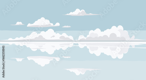 Serene cloud reflections over tranquil water nature scene digital artwork calm atmosphere aerial view conceptual art. Vector illustration
