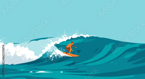 Surfer riding waves ocean beach digital illustration sunny day side view adventure and sport theme. Vector illustration