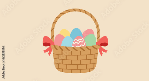 Colorful easter eggs in a woven basket spring celebration digital illustration festive atmosphere bird's eye view holiday spirit. Vector illustration