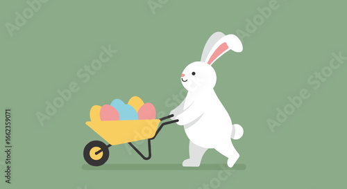 Playful rabbit collecting colorful eggs in a wheelbarrow spring garden illustration whimsical cheerful vibe. Vector illustration