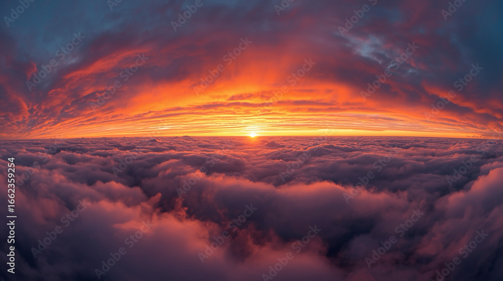 Obraz premium Aerial Dramatic Cloudscape with Vibrant Sunrise Over Misty Sea of Clouds