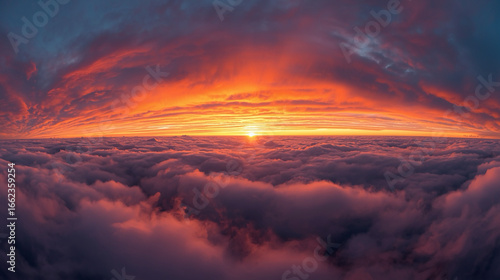 Aerial Dramatic Cloudscape with Vibrant Sunrise Over Misty Sea of Clouds