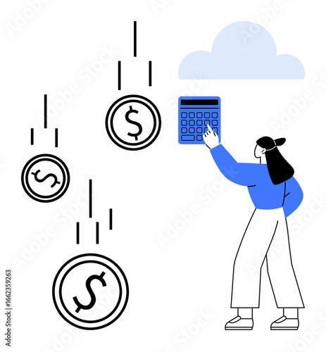 Woman uses calculator under cloud while coins drop, symbolizing financial planning, income, budgeting, calculation, savings, investments, digital economics. Ideal for finance economy tech