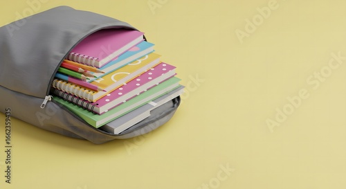 Wallpaper Mural A gray backpack filled with colorful notebooks and pencils against a yellow background studio shot Torontodigital.ca