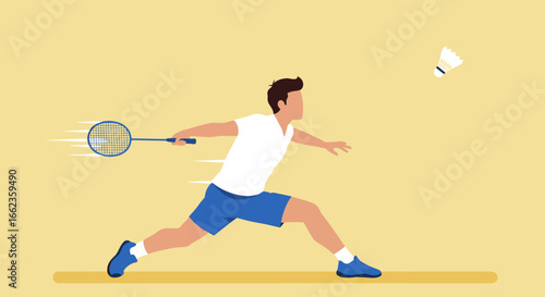 Dynamic badminton action by athlete in indoor court sports illustration energetic environment. Vector illustration