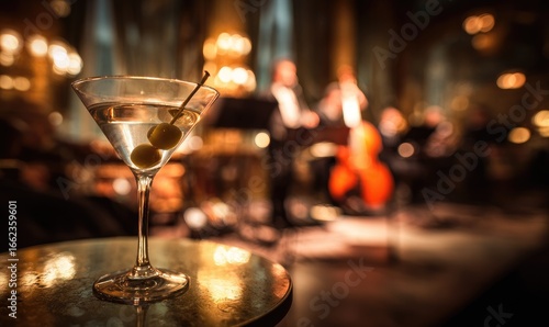 Martini cocktail with olives and jazz background