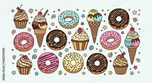 Delicious cartoon desserts: donuts, cupcakes, and ice cream cones perfect for menu design, food blogs, or sweet treat promotions