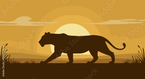 Tiger walking against sunset wilderness landscape digital illustration silhouette view nature's majesty. Vector illustration