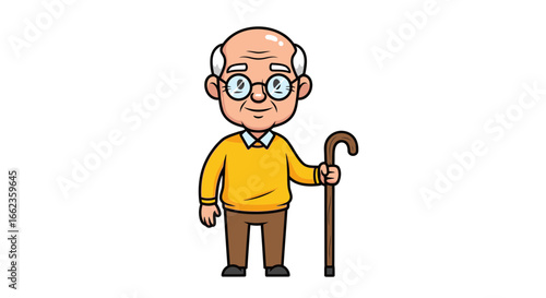 Friendly elderly gentleman with glasses and cane, ready for retirement, offering a warm, comforting presence