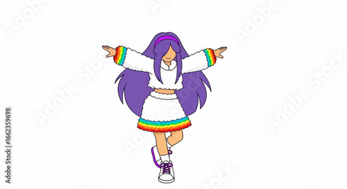 Joyful cartoon character with vibrant rainbow accents, arms outstretched, embodying playful energy and youthful style against a clean backdrop