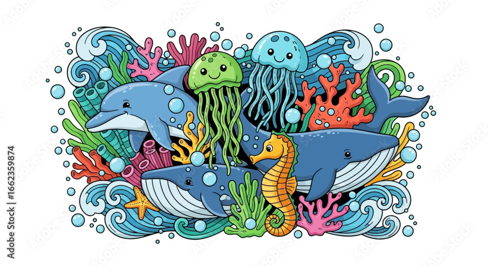 Obraz premium Charming marine life illustration with playful dolphins, whales, jellyfish, seahorse, and vibrant coral, perfect for children's designs.