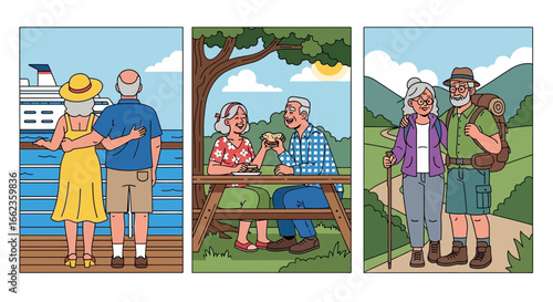 Happy senior couple enjoying life's simple pleasures: cruise, picnic, and hiking adventures in beautiful settings