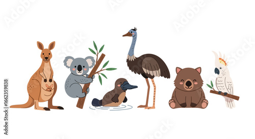Adorable Australian wildlife collection featuring kangaroo, koala, platypus, emu, wombat, and cockatoo illustrations perfect for children's books or educational resources.