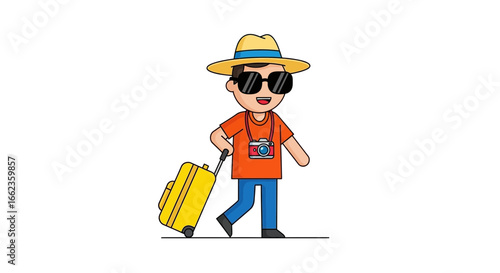 Joyful traveler ready for adventure with luggage, camera, and hat, perfect for travel blogs or holiday promotions