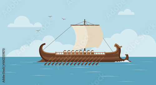 Epic voyage of a viking ship on tranquil waters hand-drawn illustration nautical adventure aerial view. Vector illustration