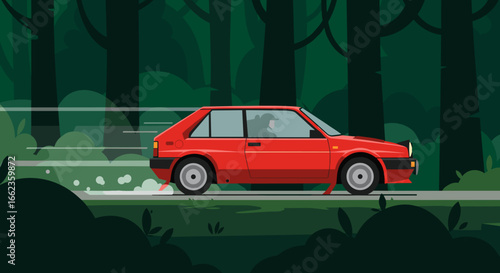 Racing red car forest road animated scene lush environment side view dynamic motion. Vector illustration