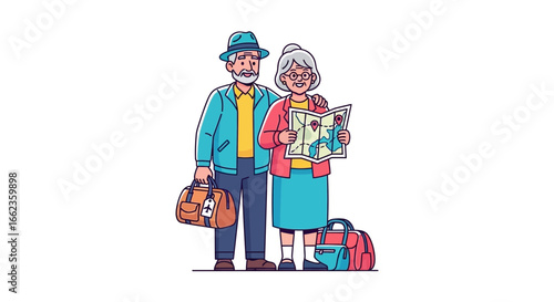 Happy senior couple planning their exciting travel adventure with map in hand, ready to explore the world