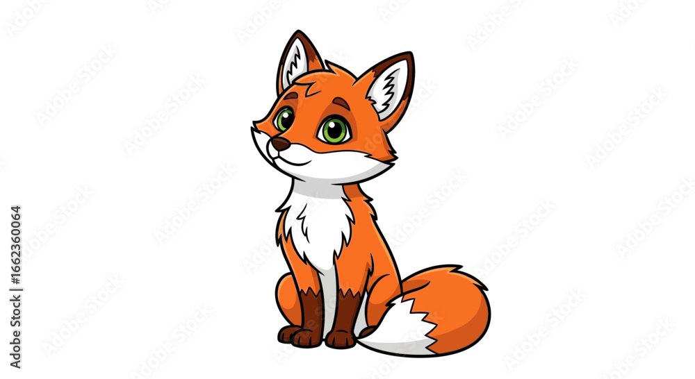 Fototapeta premium Charming cartoon illustration of a cute, smiling red fox sitting on a clean white background.