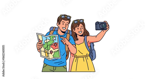 A happy young couple on vacation, the man holding a map while the woman takes a selfie with a camera, both wearing backpacks.