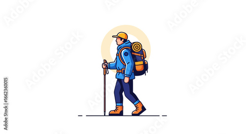 Illustration of a male hiker with a large backpack and trekking pole on an outdoor adventure.