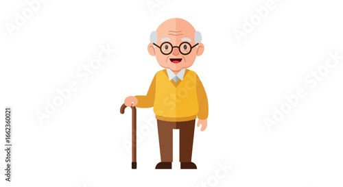A cheerful elderly man with glasses and a walking cane, depicted in a flat cartoon style.