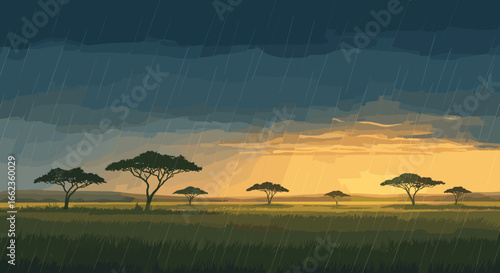 Rain-soaked sunset over savannah africa digital artwork calm atmosphere panoramic view nature's beauty. Vector illustration