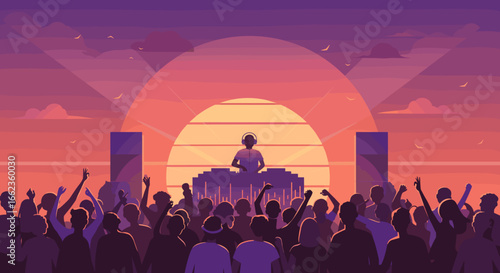 Exciting dj performance at sunset music festival vibrant atmosphere crowd energy uplifting experience. Vector illustration