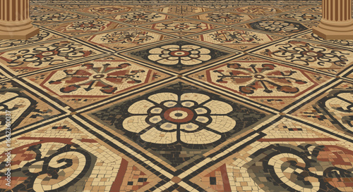 Intricate mosaic floor design historic building digital artwork indoor environment close-up perspective artistry in patterns. Vector illustration
