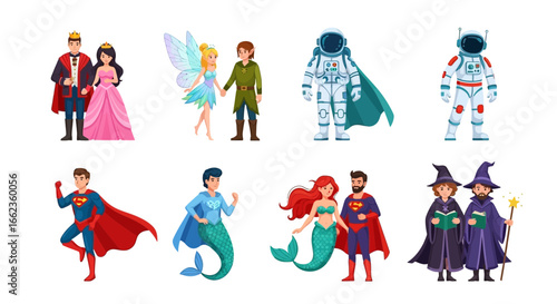 A diverse collection of cartoon character pairs in fantasy, sci-fi, and superhero costumes.