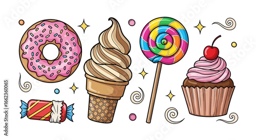 A vibrant collection of cartoon-style sweets, including a donut, ice cream cone, lollipop, cupcake, and candy.