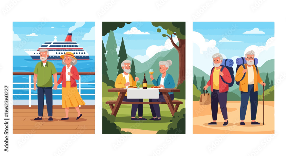 Naklejka premium Set of illustrations showing an active elderly couple enjoying retirement by traveling, picnicking, and hiking.