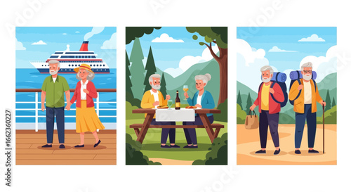 Set of illustrations showing an active elderly couple enjoying retirement by traveling, picnicking, and hiking.